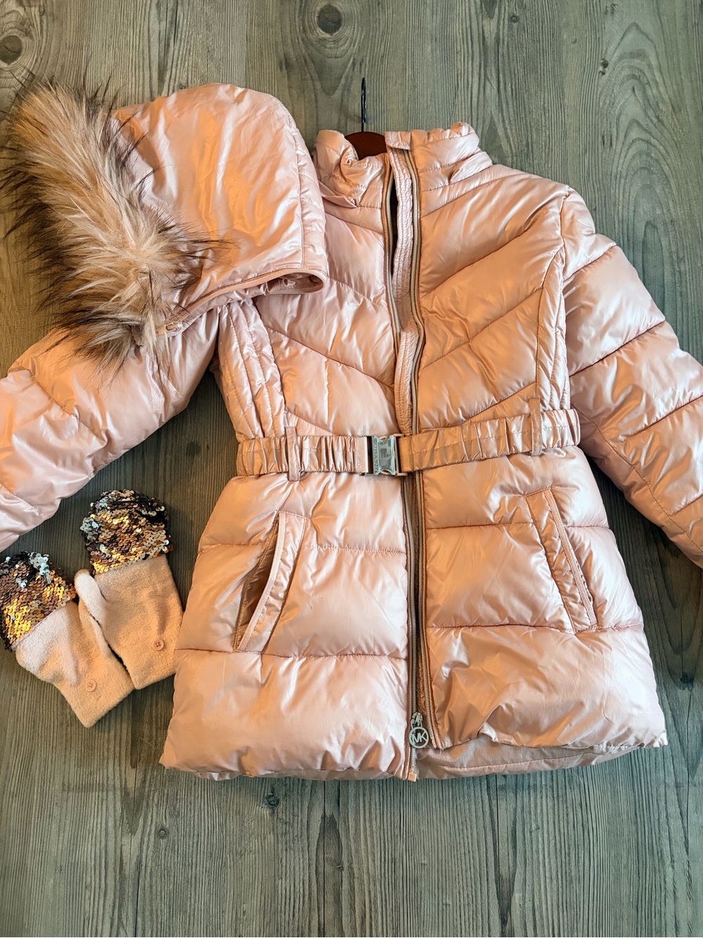 Michael Kors Girls' Blush Pink Belted Puffer Coat with Faux-Fur Trimmed Hood